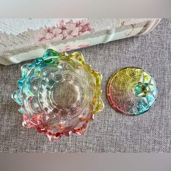 New Rainbow Fluted Flower Glass Jewelry, Trinket, Candy Dish Decor w/ Lid - 4.5” - Picture 8 of 8